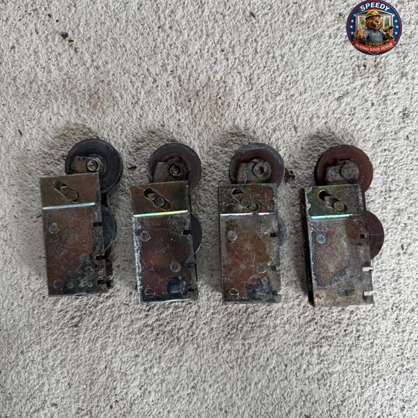 Four worn rusty old sliding door roller assemblies removed from a Central Florida home, lined up before disposal