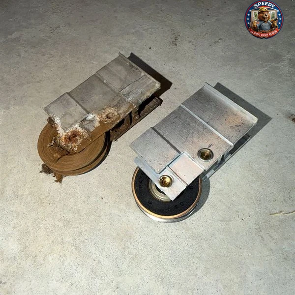 Old rusted sliding door roller next to a brand new stainless steel roller assembly on a concrete slab