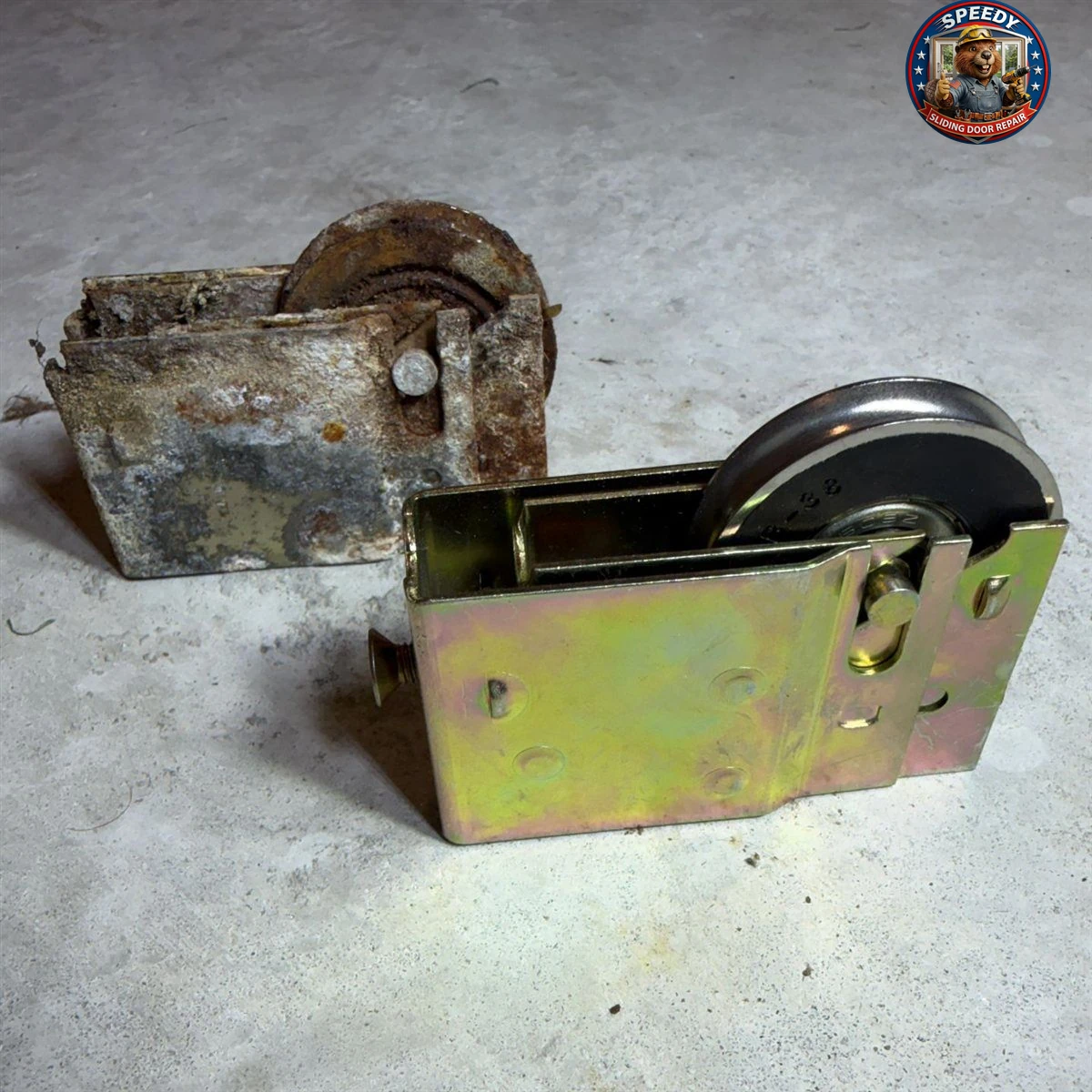 Worn-out old sliding door roller compared to a fresh new stainless steel roller assembly on the floor