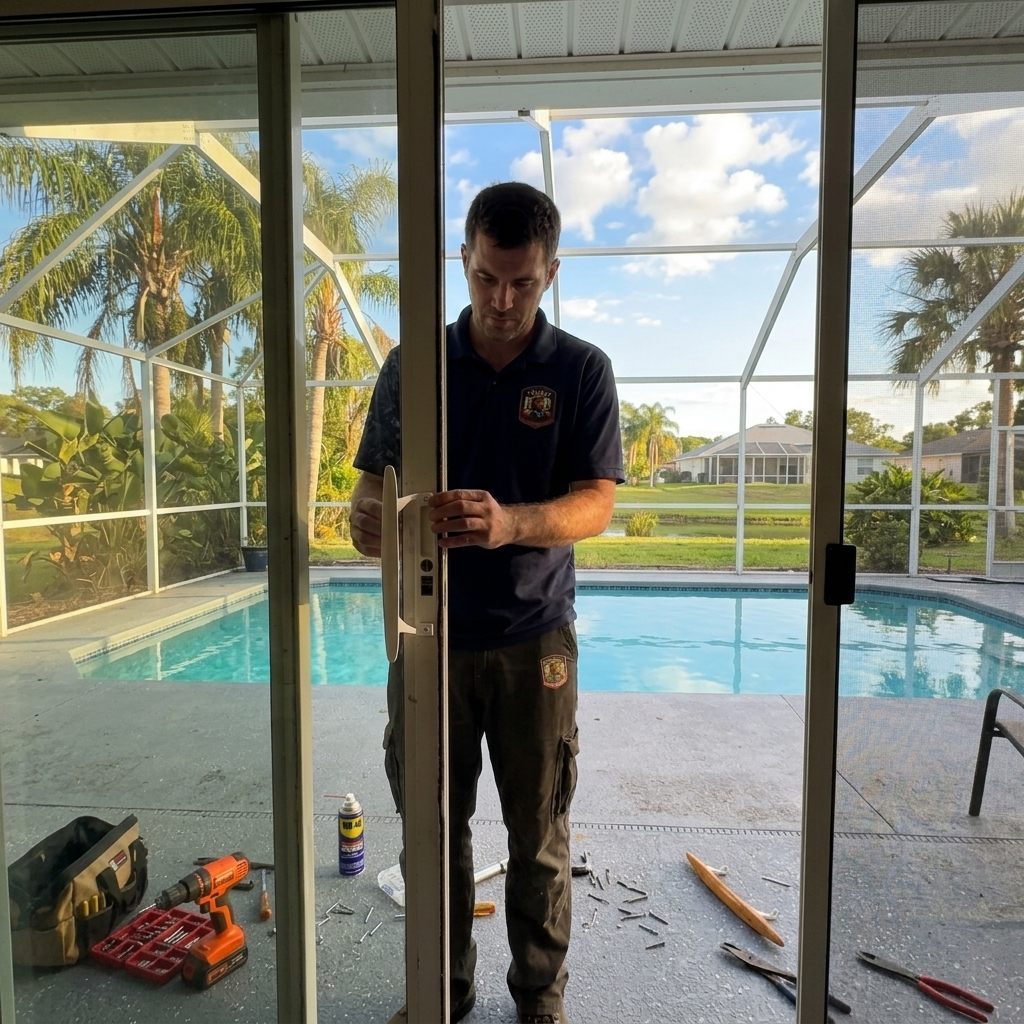 Speedy technician in navy SPEEDY polo working on a sliding-door lock at a Central Florida pool home — screen enclosure, palm trees, tools scattered on the patio
