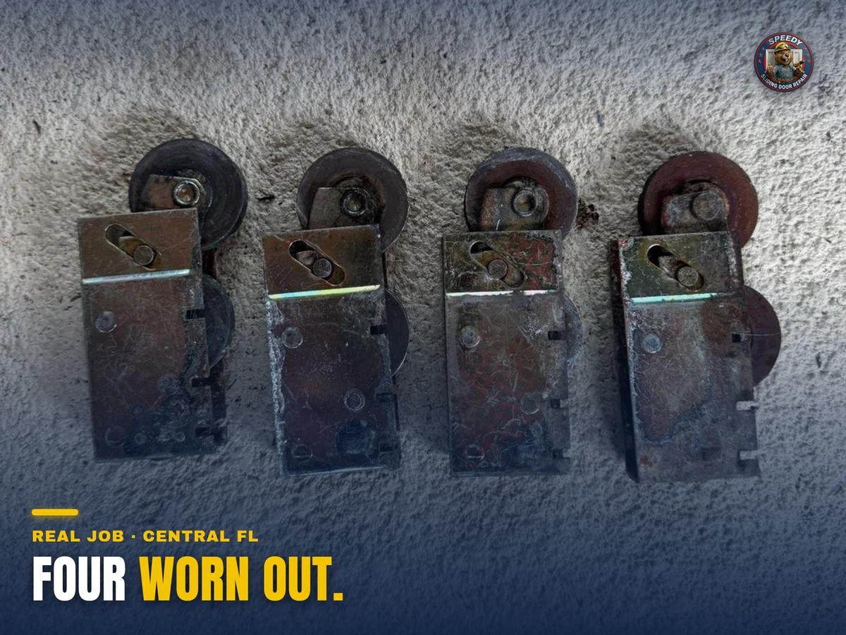 Four worn and rusted sliding door rollers lined up after removal from one Central Florida door — Speedy roller replacement