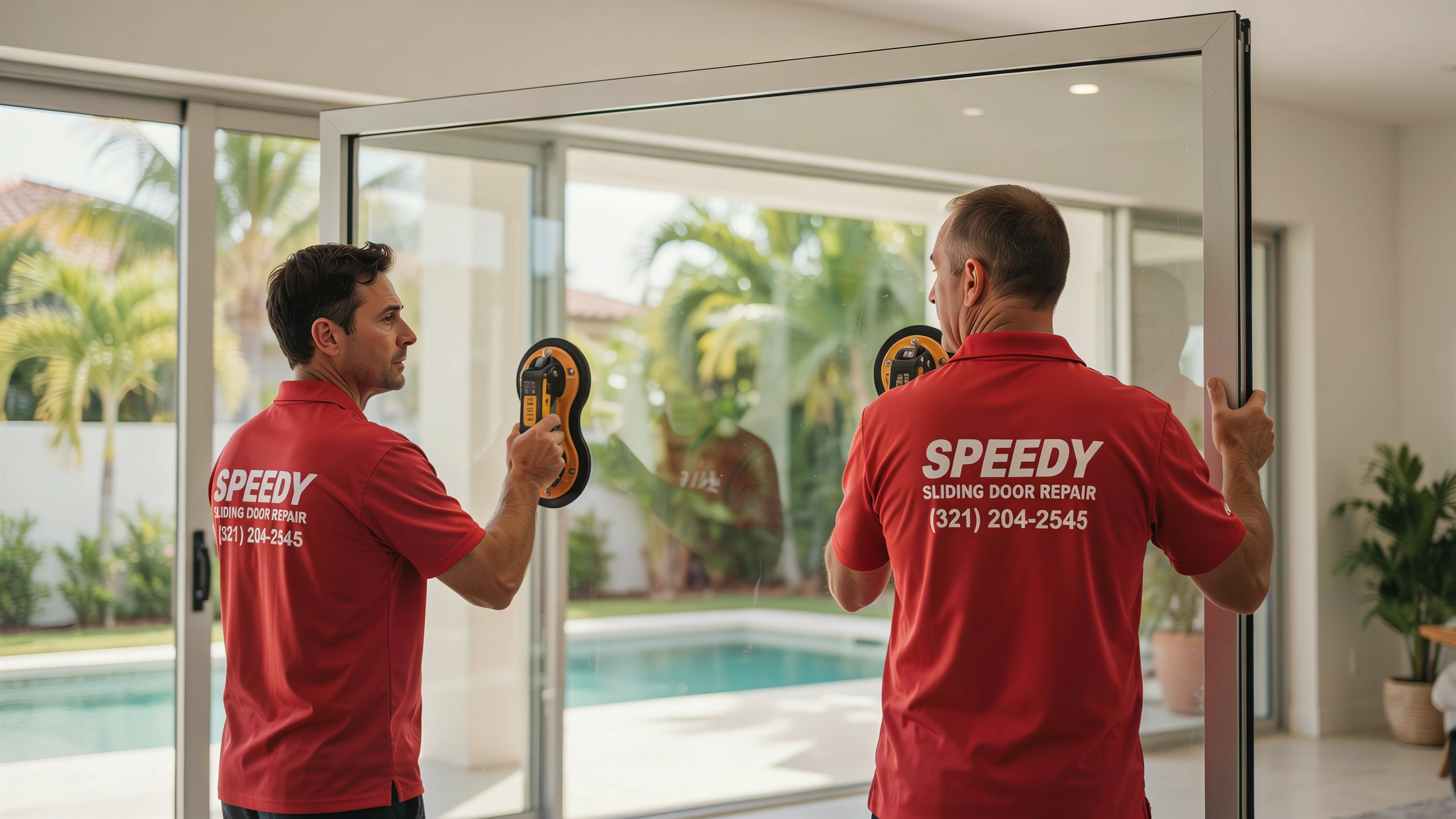 Two Speedy technicians in red branded polos lifting a large sliding glass door with suction-cup lifters in a bright Central Florida pool home