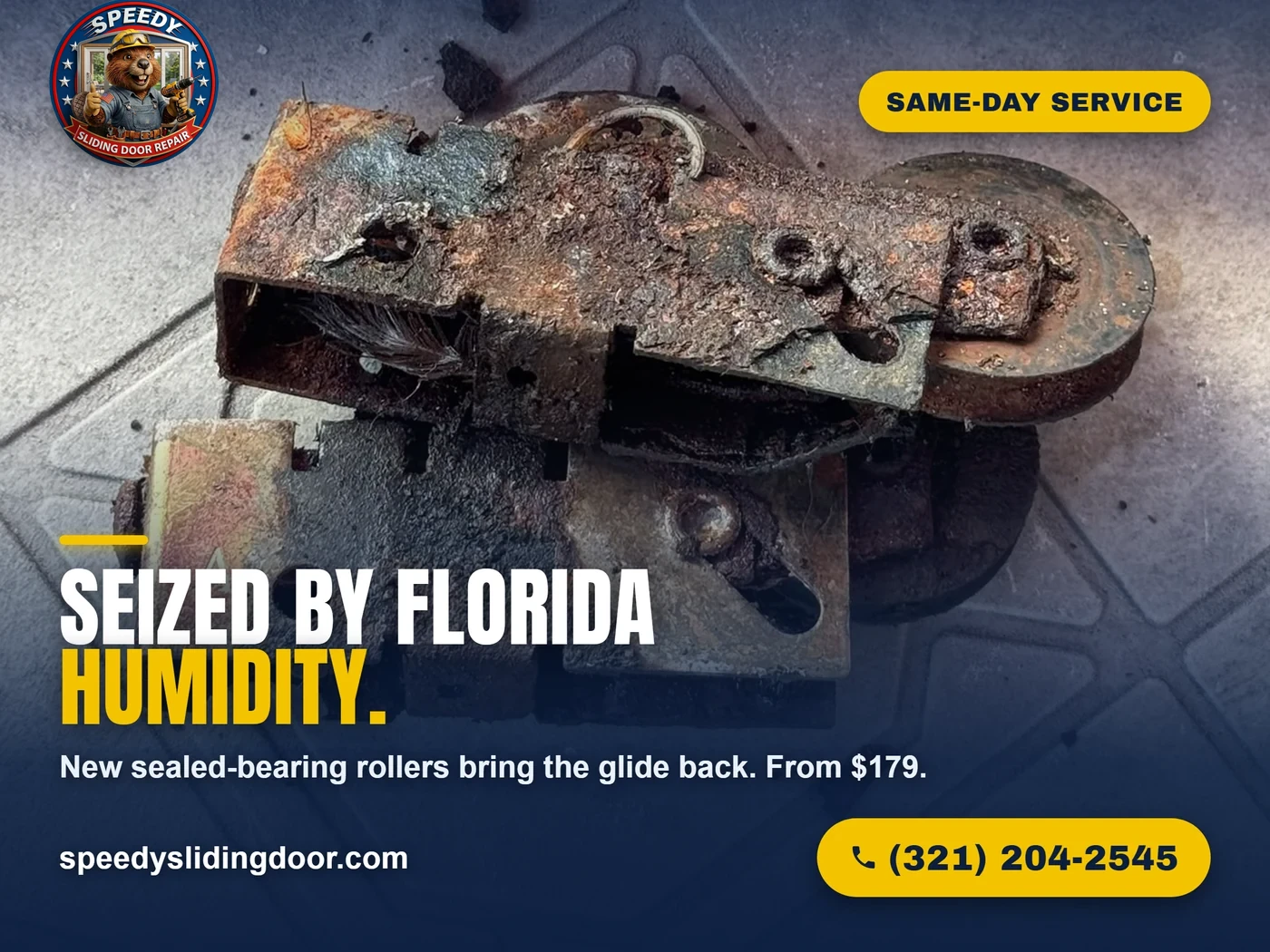Sliding door roller seized solid by Florida humidity and rust, pulled from a Central Florida home — Speedy Sliding Door Repair