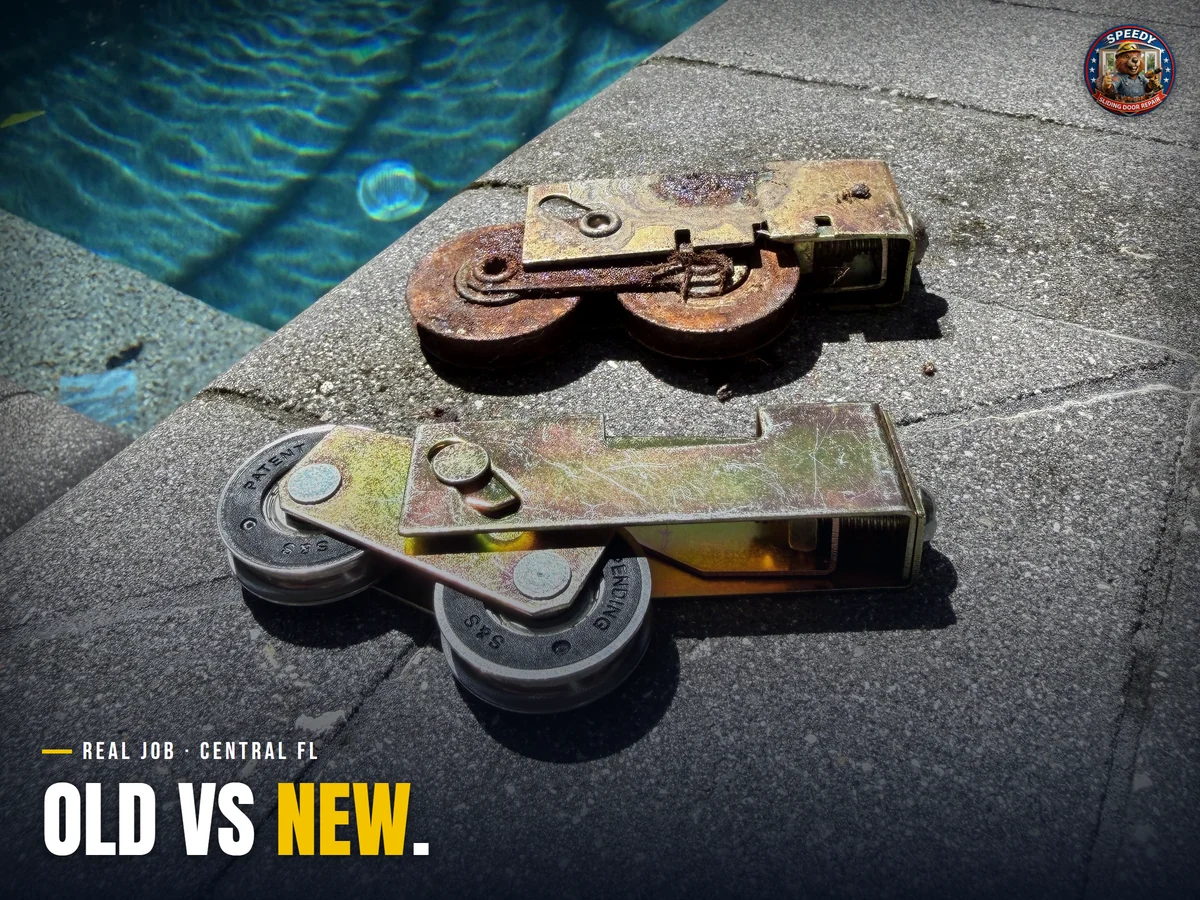Rusted worn sliding door roller beside a new sealed-bearing roller, Central Florida