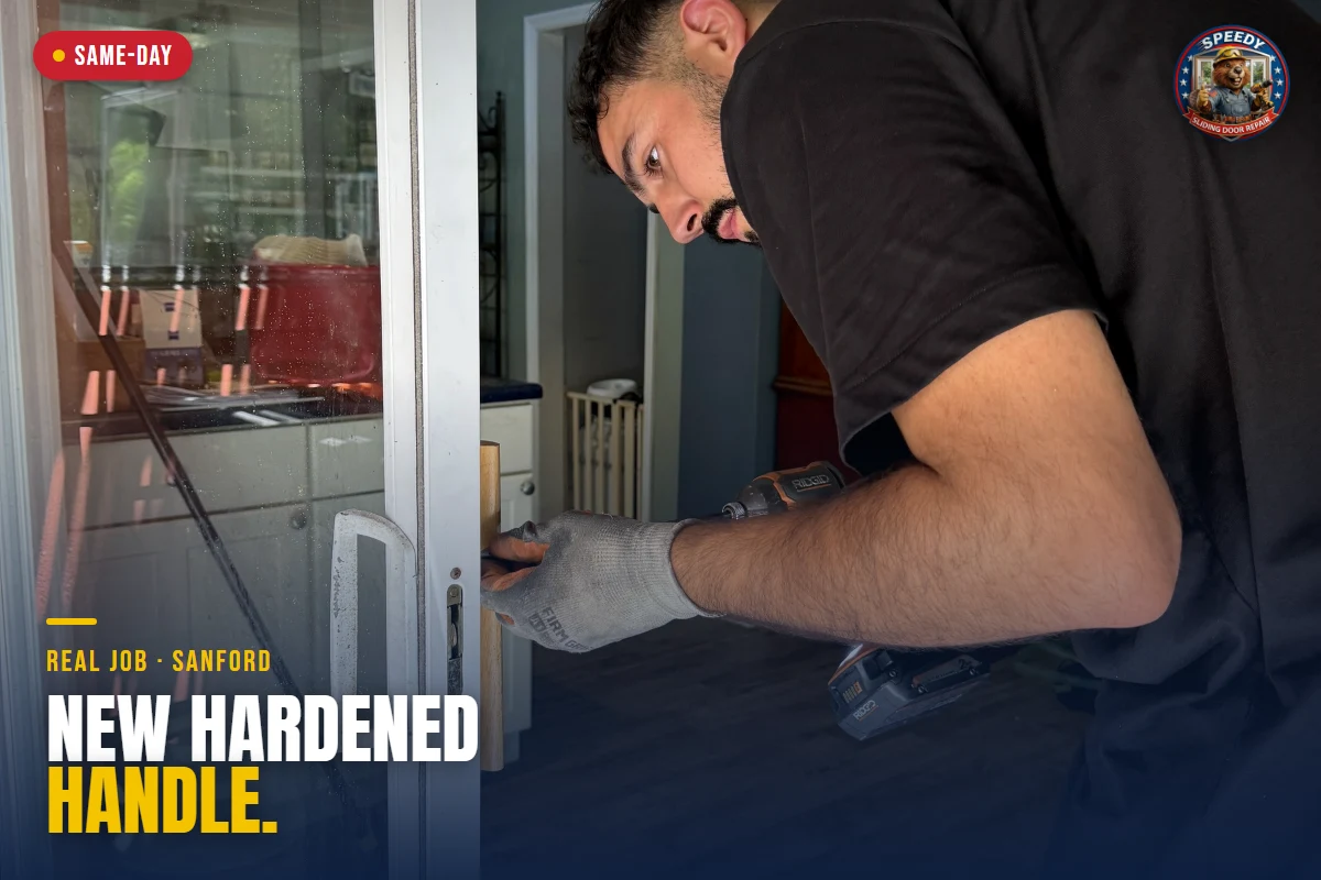 Speedy technician installing a new sliding door lock and handle with a drill at a Central Florida home