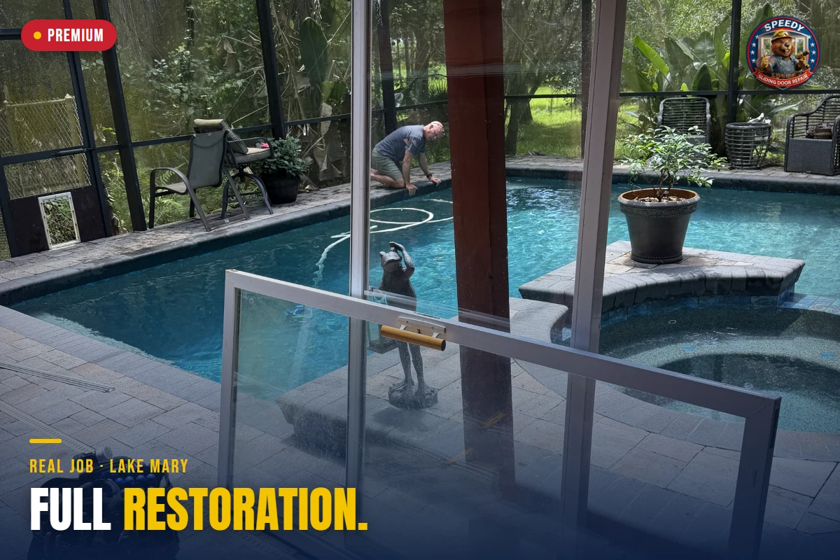 Sliding glass door panel lifted out for a full restoration beside a screened pool and spa in Central Florida — Speedy Sliding Door Repair
