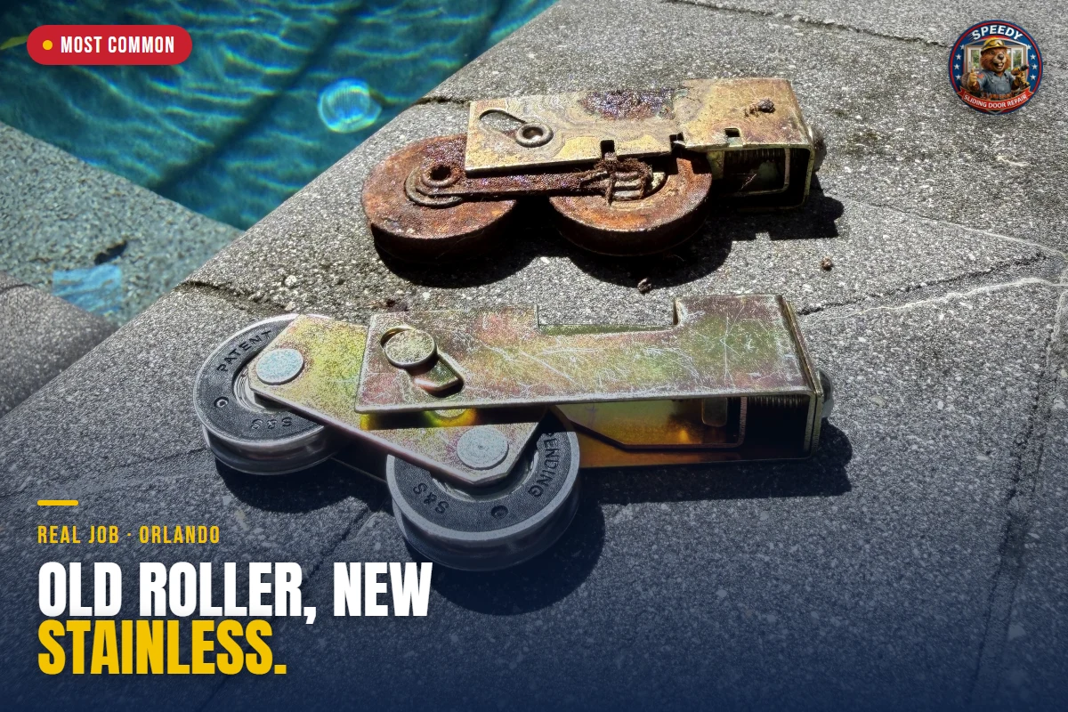Rusted worn sliding door rollers beside new stainless-steel sealed-bearing replacements by a Central Florida pool — Speedy roller replacement