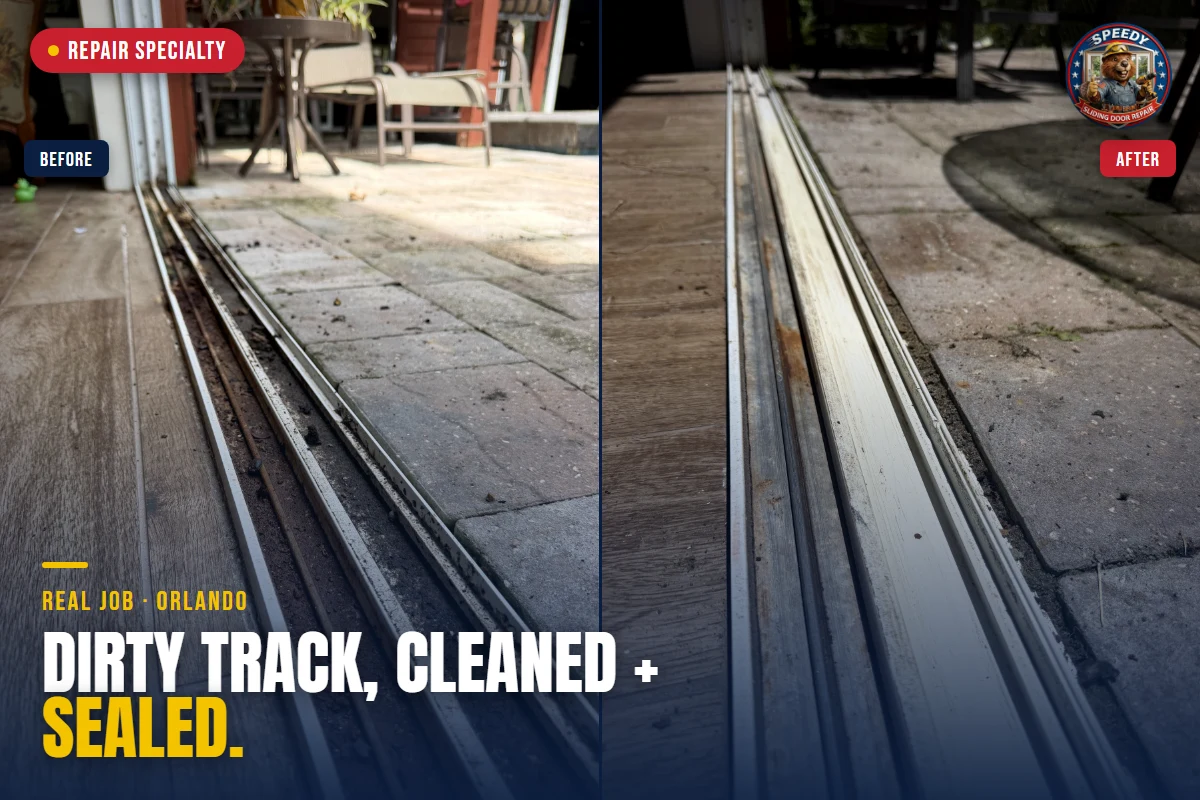 Sliding door bottom track before and after cleaning — grimy, sand-packed channel on the left, cleaned and trued on the right — Speedy track repair, Central Florida