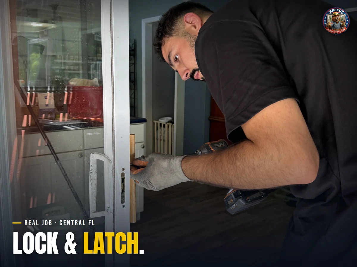 New sliding door lock and handle being installed, Central Florida