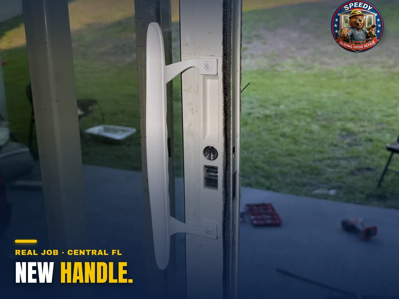 New white sliding door handle and lock latch installed on a Central Florida lanai — Speedy lock and handle repair