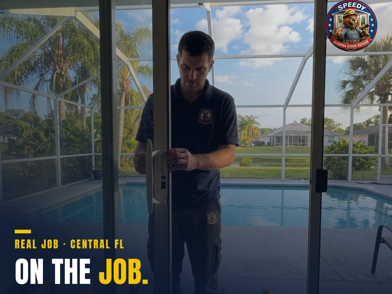 Speedy technician replacing a sliding glass door lock and handle at a Central Florida pool home — same-day service
