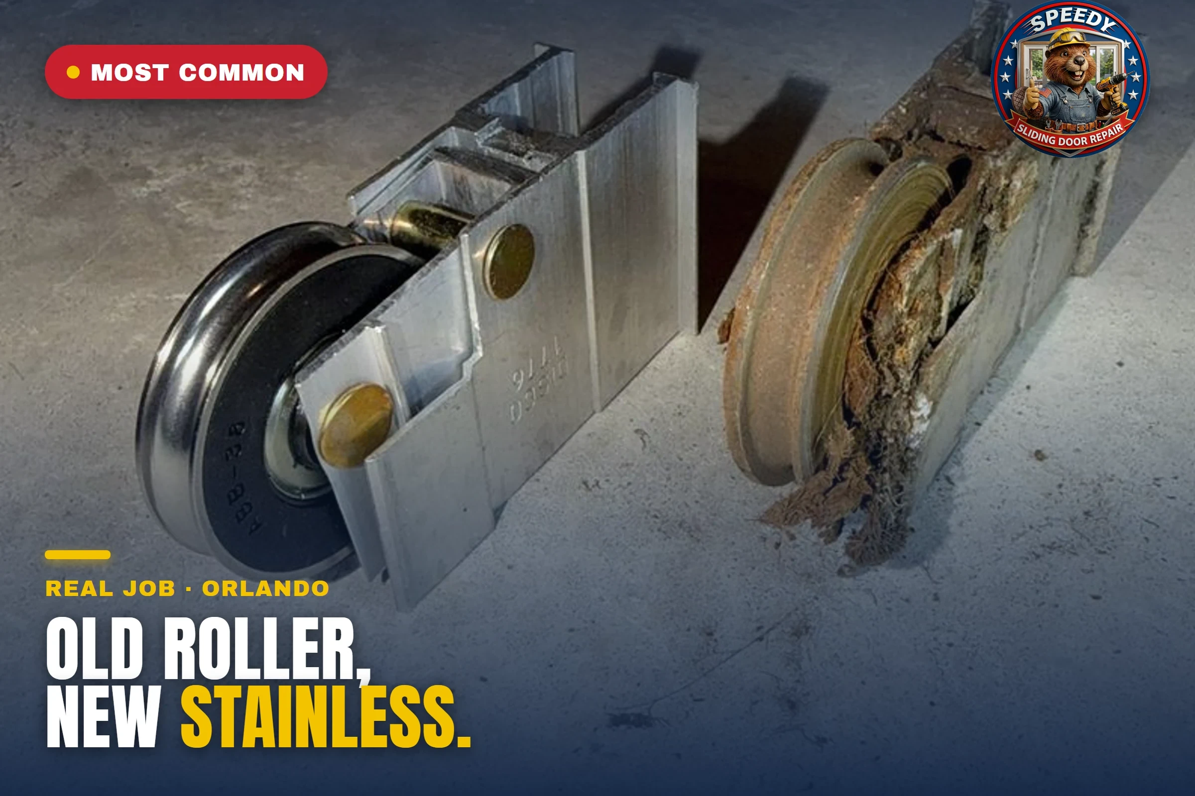 Old vs new sliding door rollers on a real Orlando job — a corroded, seized roller beside the sealed-bearing stainless roller that replaced it, from Speedy Sliding Door Repair