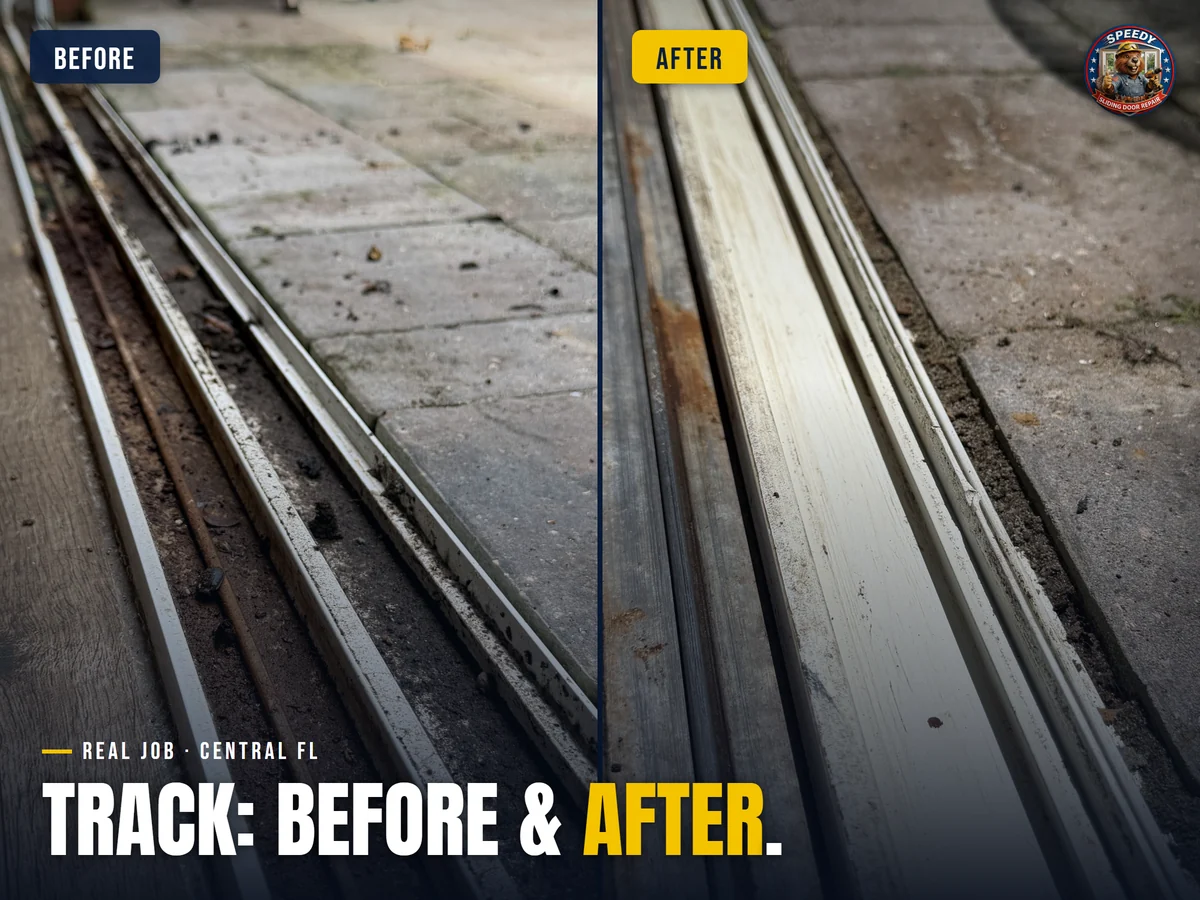 The same sliding door track before and after cleaning, Central Florida