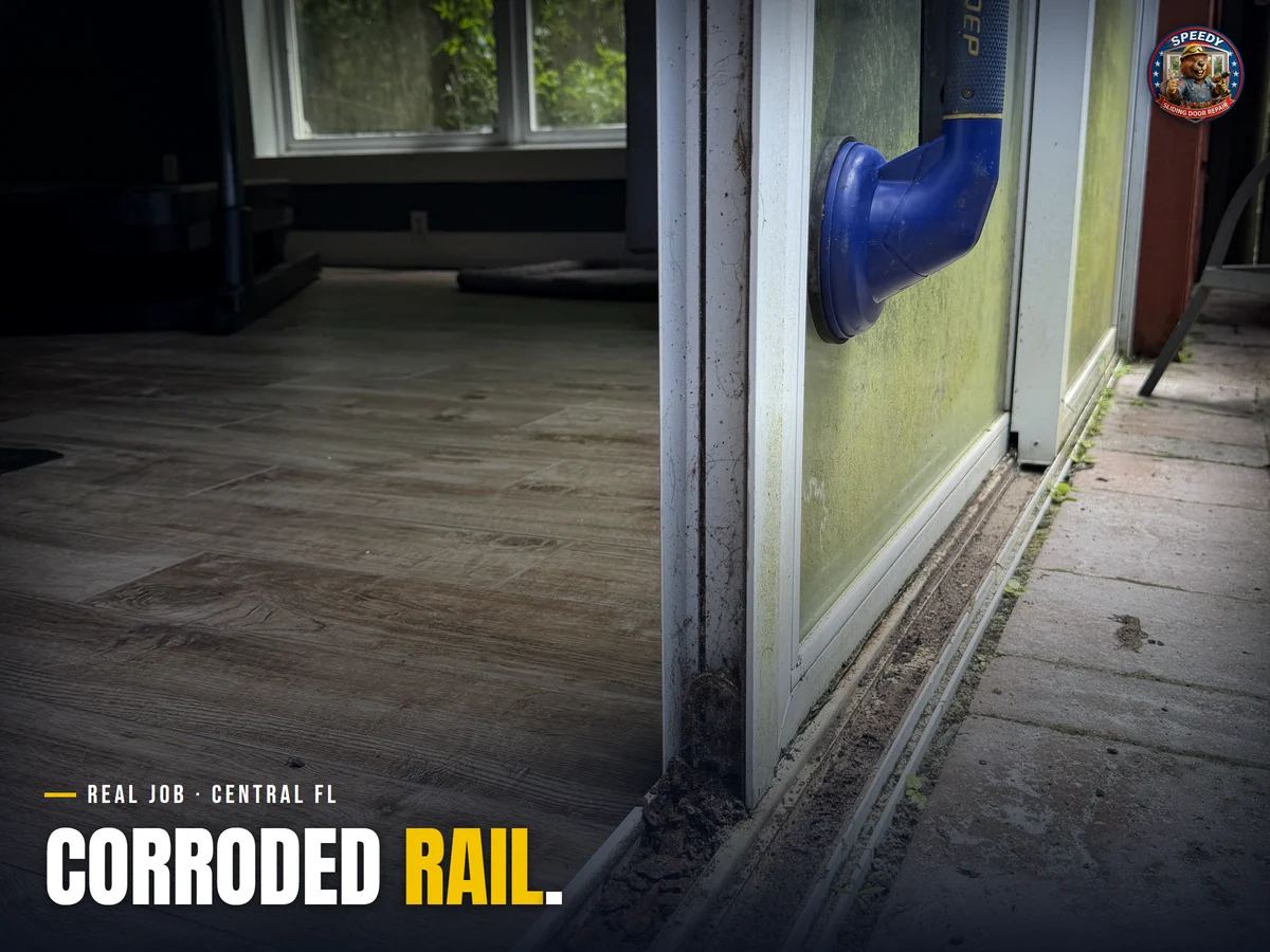 Corroded, pitted sliding door bottom rail, Central Florida