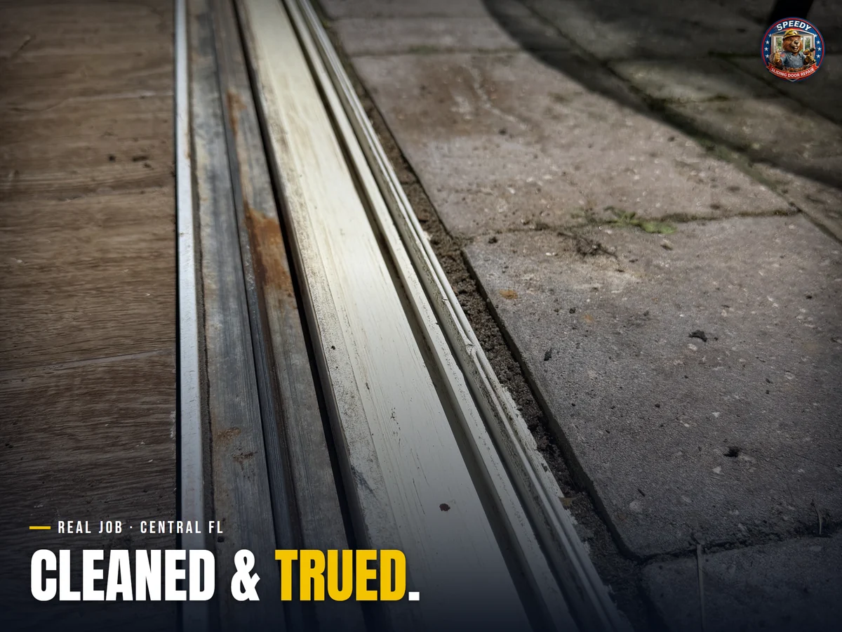 The same sliding door track cleaned and trued so rollers glide, Central Florida