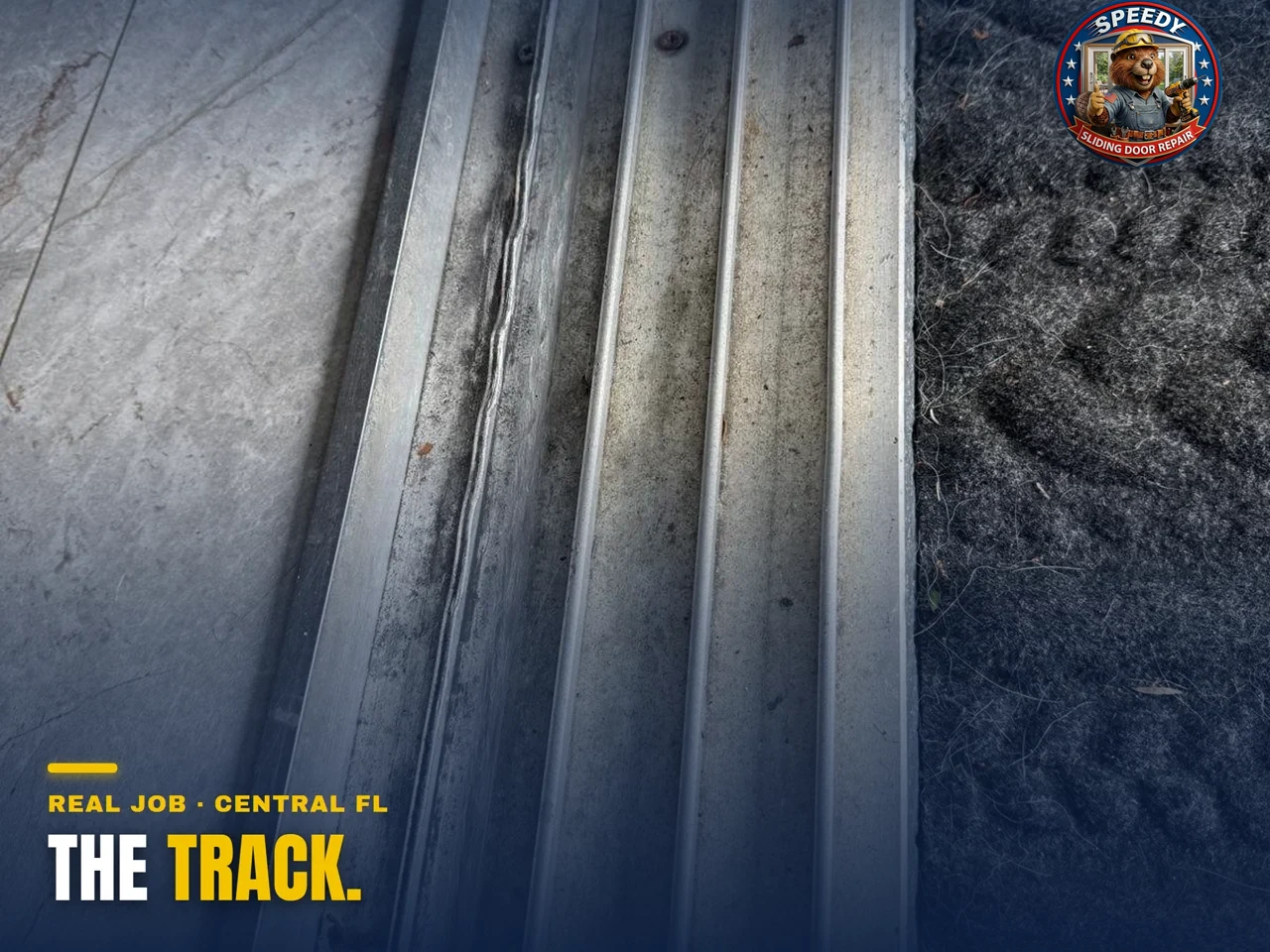 Sliding door bottom track cleaned, capped and aligned on a marble threshold — Speedy track repair, Central Florida
