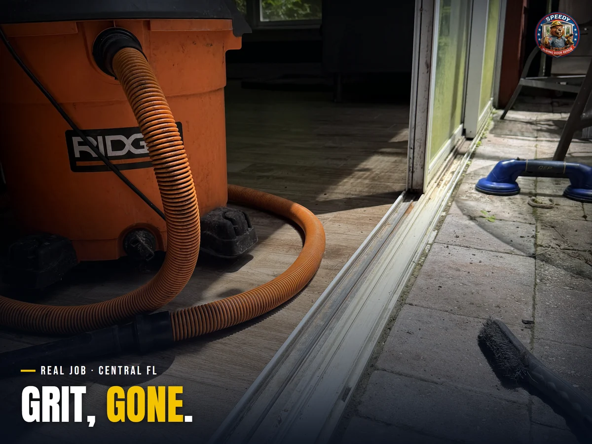 Shop vacuum pulling grit from a sliding door track at a Central Florida home