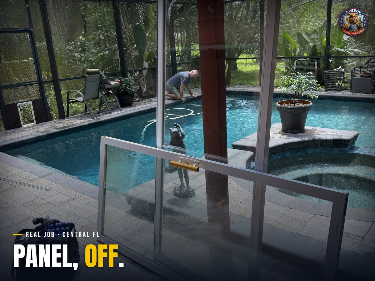 Sliding glass door panel lifted out beside a screened pool during restoration, Central Florida