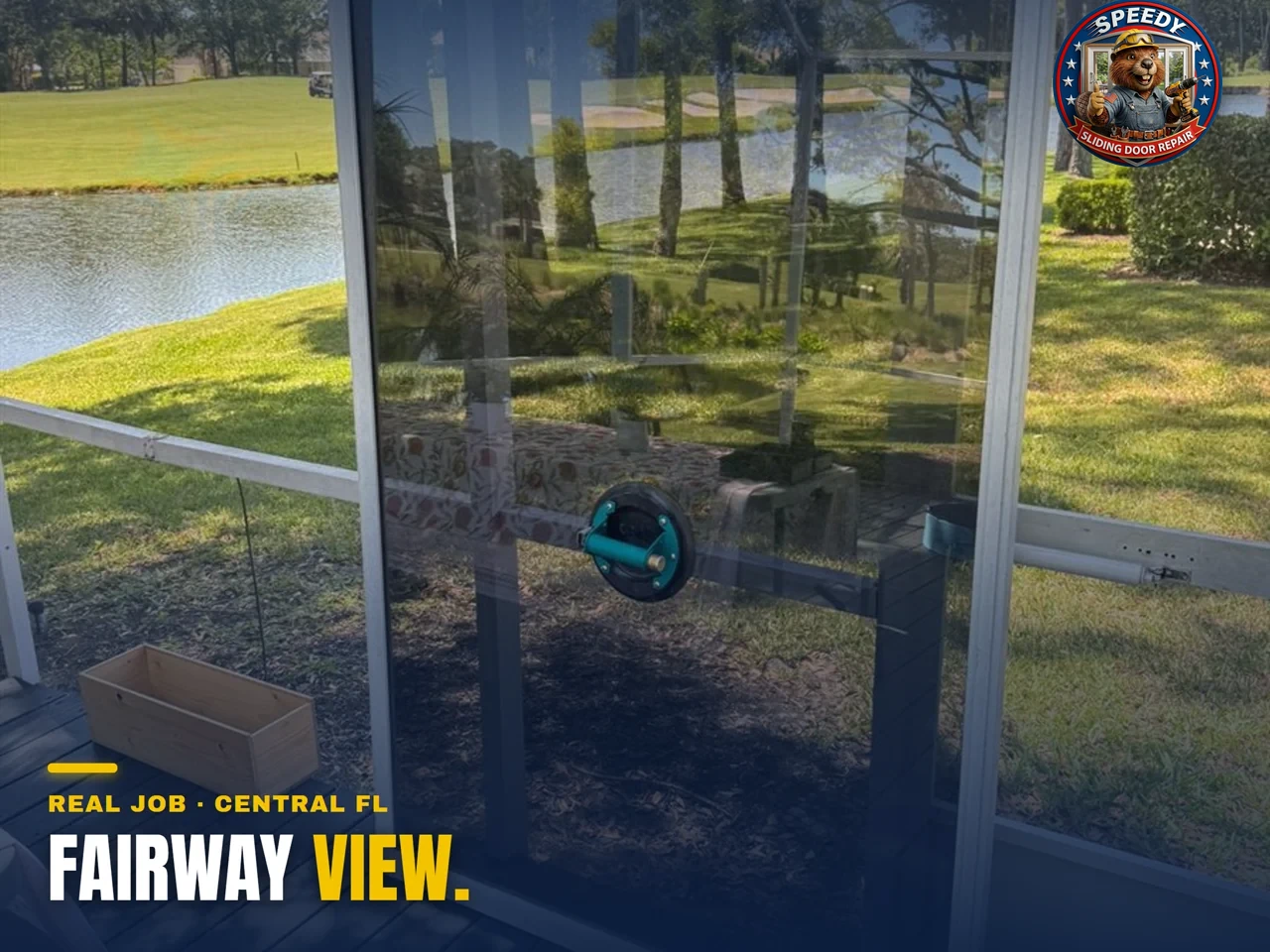 Sliding glass door panel lifted out on a screened lanai overlooking a golf course and pond in Central Florida — Speedy Sliding Door Repair