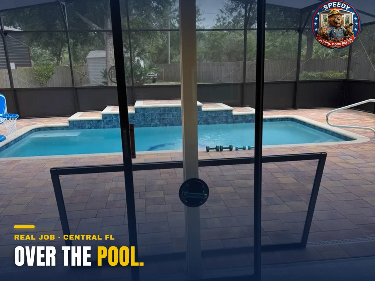 Sliding glass door panel lifted out at a screened pool and spa home in Central Florida — Speedy Sliding Door Repair