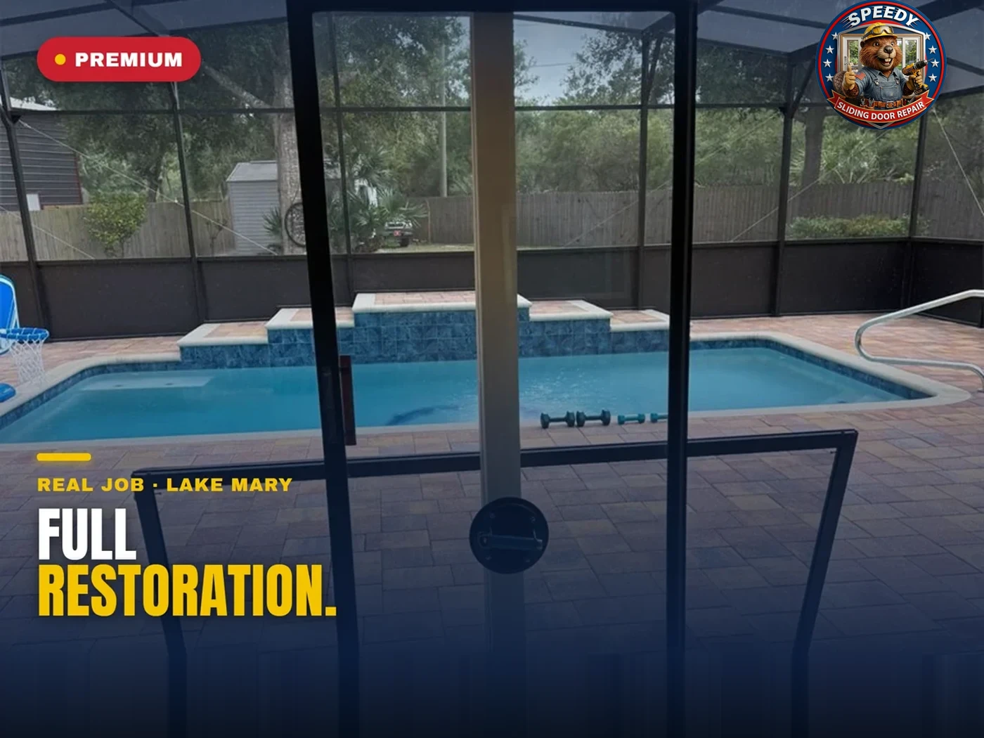 Speedy full sliding glass door restoration on a screened pool lanai in Lake Mary, Florida — glass slider reset after new rollers, track capping and alignment