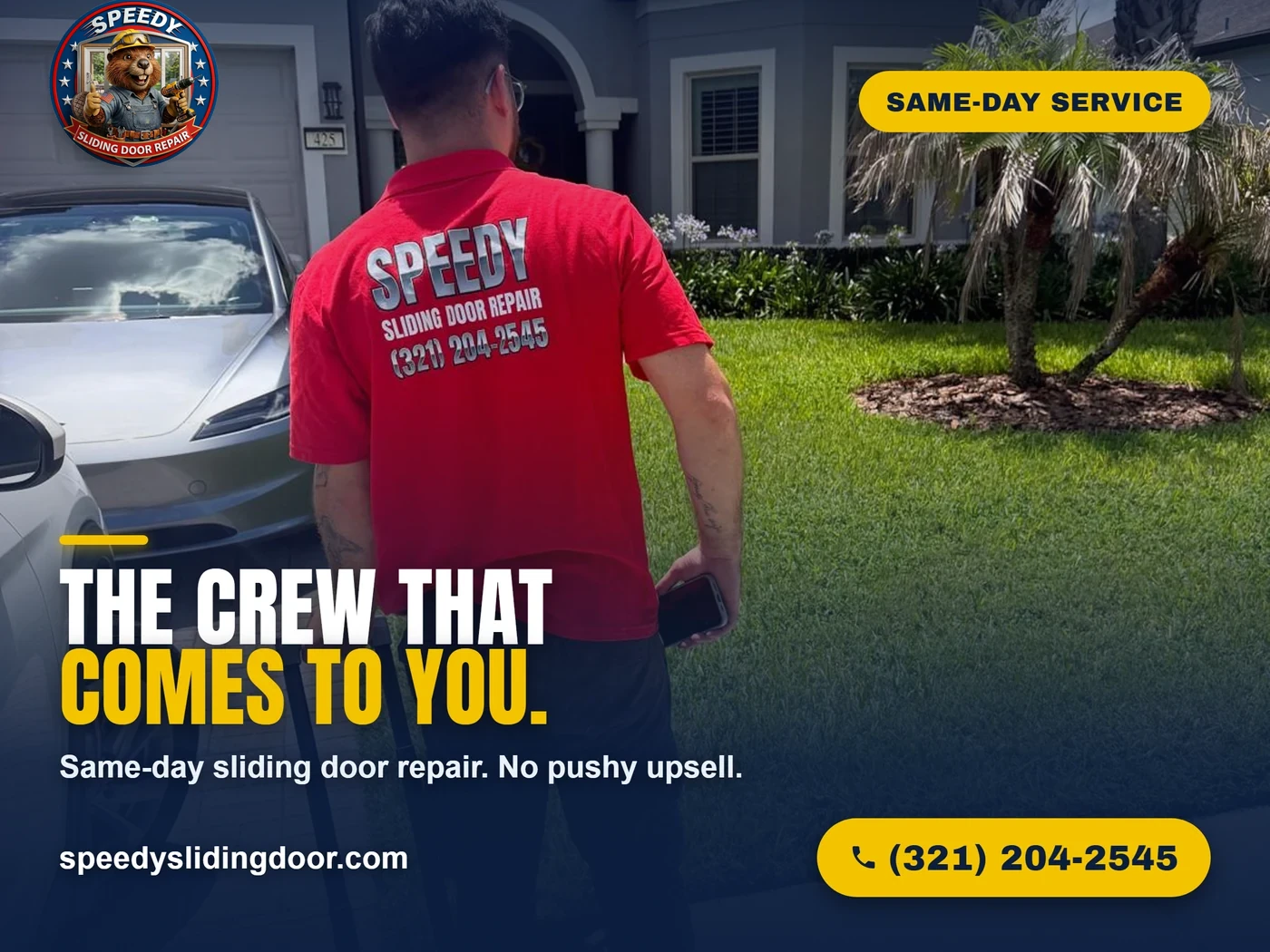 The Speedy crew arriving at a Central Florida home for a same-day sliding door repair — we come to you