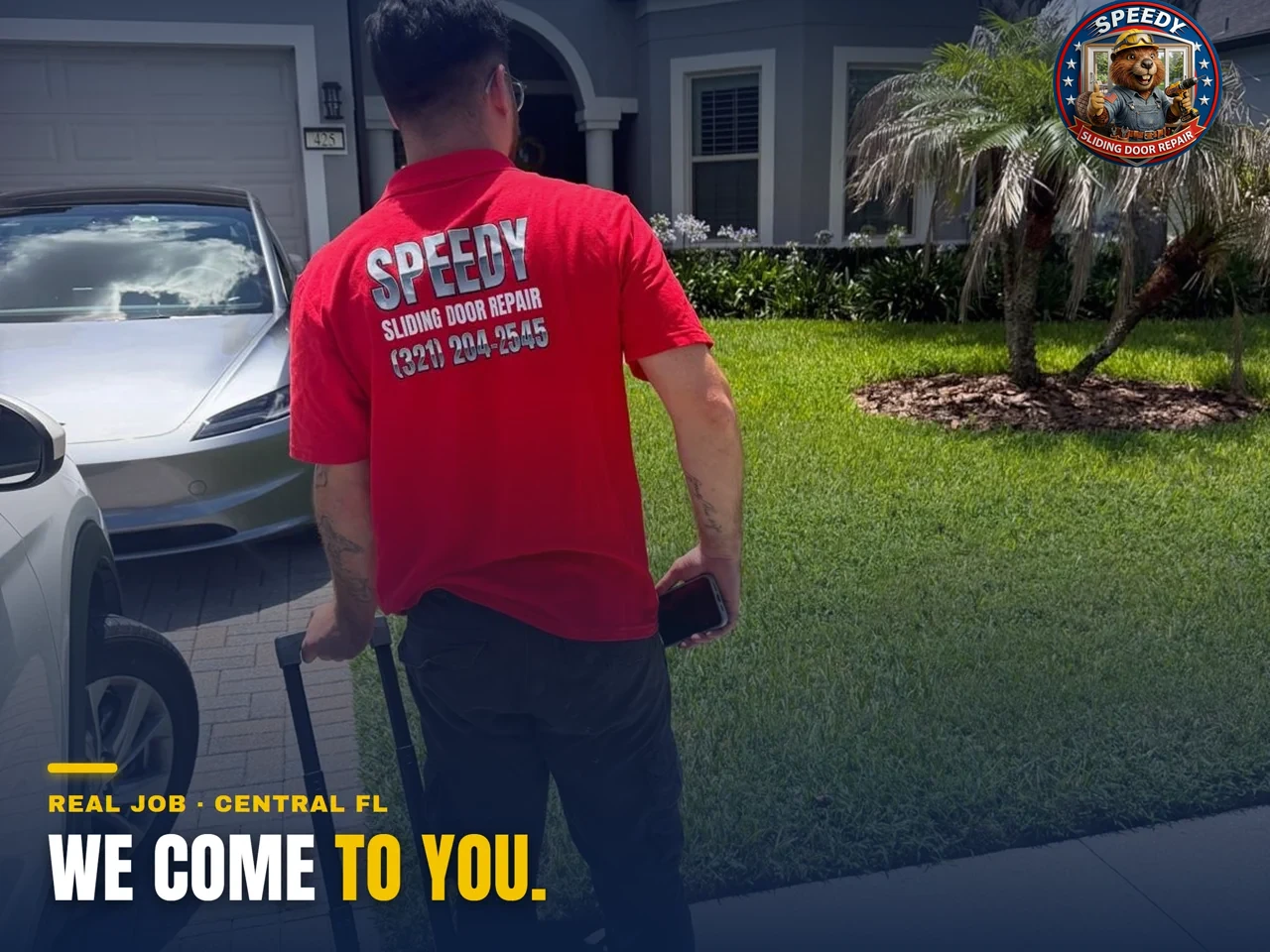 Speedy Sliding Door Repair technician arriving on-site for same-day service in Central Florida