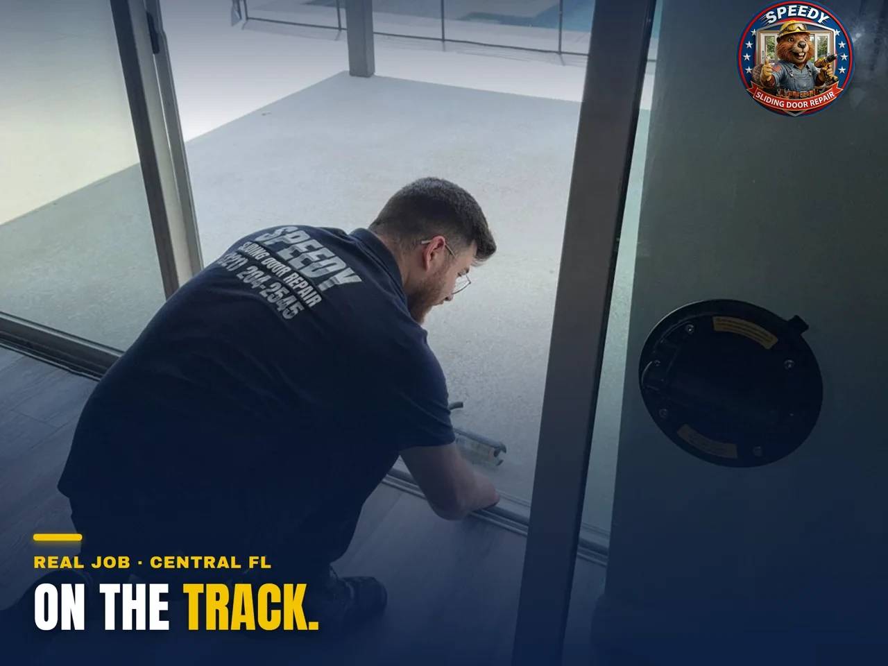 Speedy technician installing a new sliding door track at a Central Florida pool home