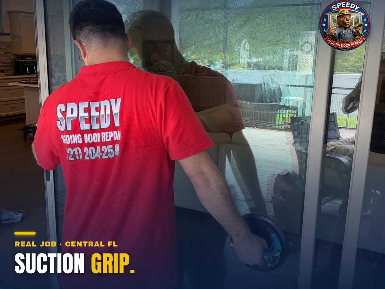 Speedy technician using suction cups to remove a sliding glass door panel on a Central Florida lanai