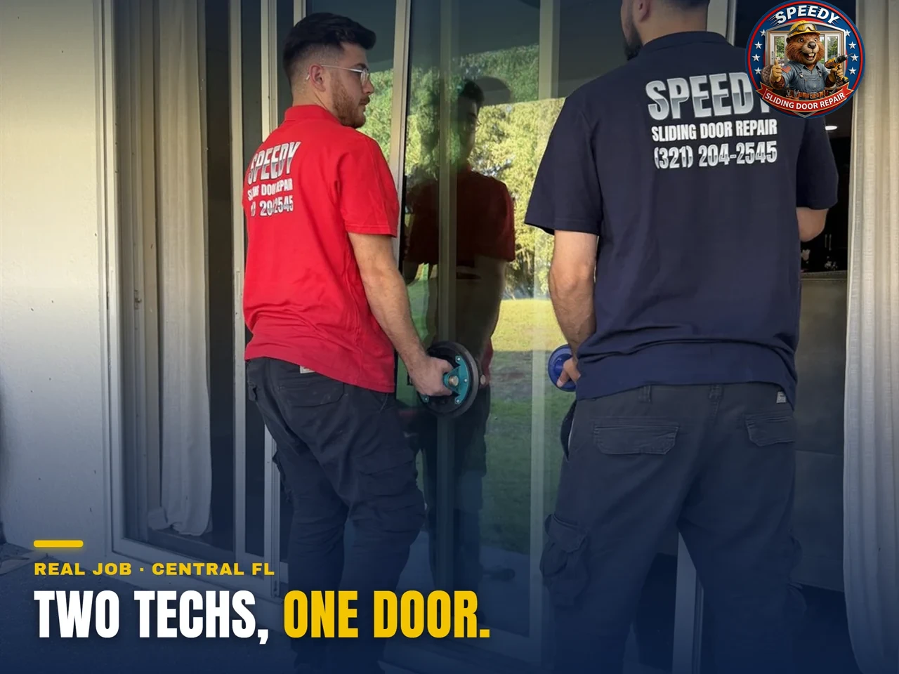 Two Speedy Sliding Door Repair technicians working together on a sliding glass door in Central Florida