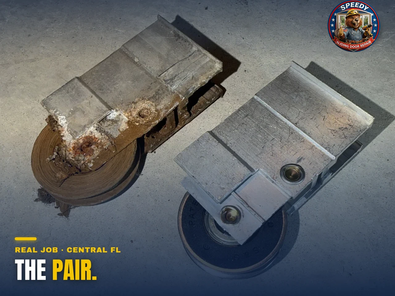 A pair of worn sliding door rollers removed from one door in Central Florida — Speedy roller replacement