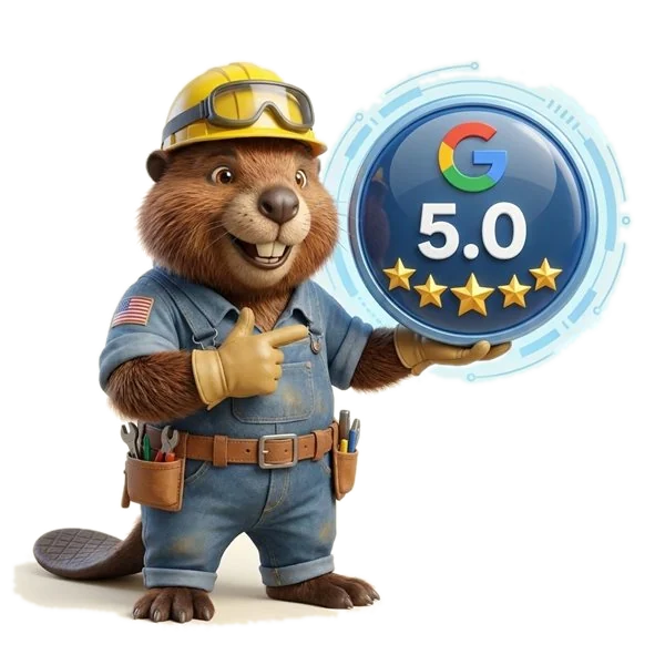 Speedy the beaver holding a 5-star Google reviews badge