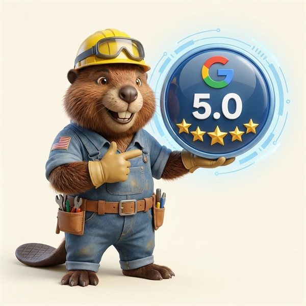 Speedy the beaver holding a 5-star Google reviews badge