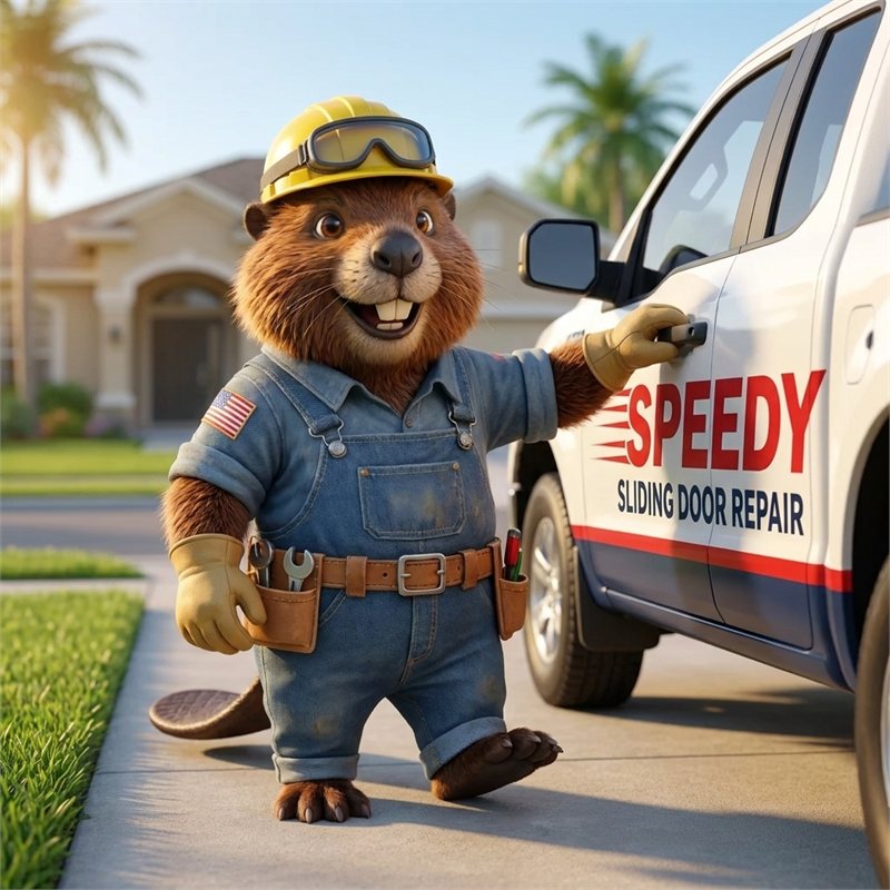 Speedy standing next to the white branded Speedy Sliding Door Repair service truck in a Florida neighborhood